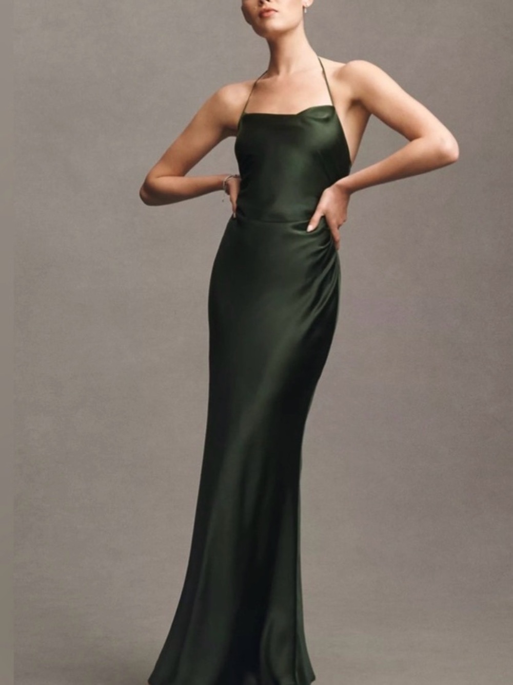 BHLDN Saylor Forest Green tie neck  Satin Gown $220 retail
